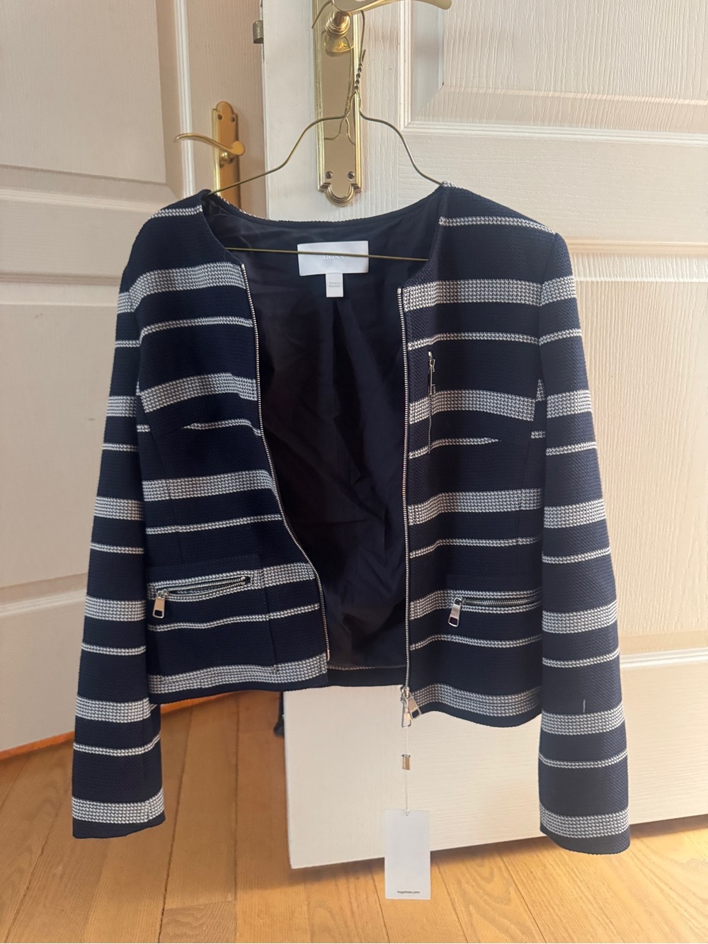 Navy and White Striped Zip-Front Blazer | Hugo Boss